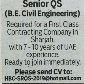 Hiring Senior Quantity Surveyor Sharjah UAE