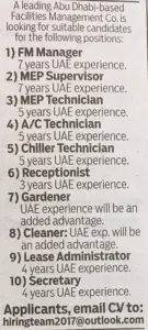 Hiring in Abu Dhabi Multiple Positions