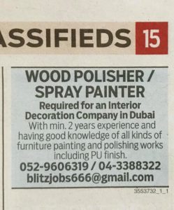 Hiring Wood Polisher and Spray painter