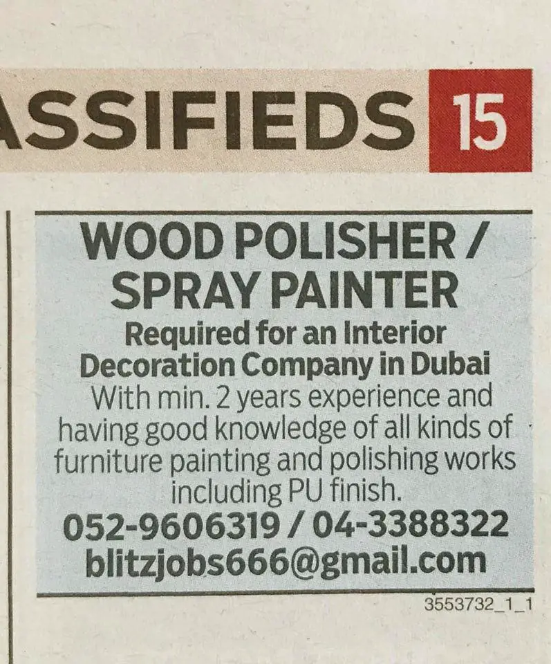Hiring Wood Polisher and Spray painter Dubai UAE Gulf Career Hunt