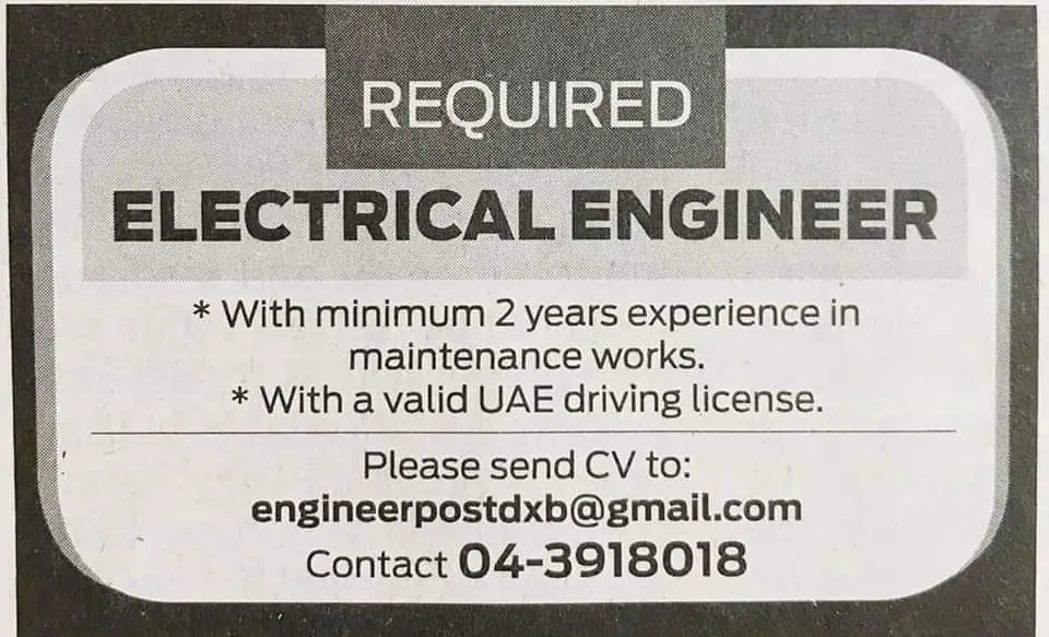 Electrical Engineer Required Gulf Career Hunt