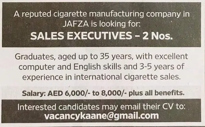 Sales Executive Vacancy 2x Dubai UAE | Gulf Career Hunt