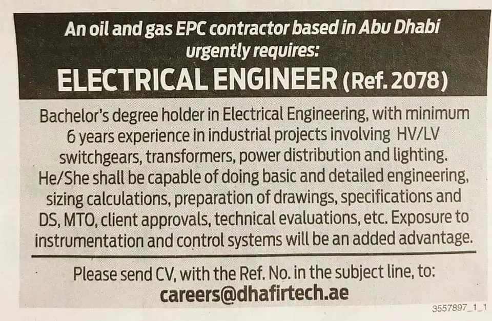 Electrical Engineer Abu Dhabi UAE Gulf Career Hunt