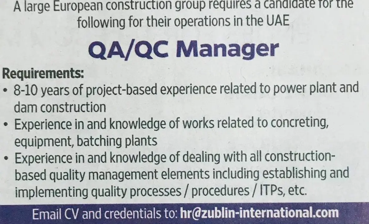 Hiring QA QC Manager Dubai UAE Gulf Career Hunt hiring-qa-qc-manager-dubai-uae-gulf-career-hunt