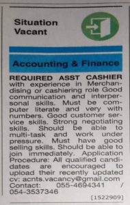 Assistant cashier required