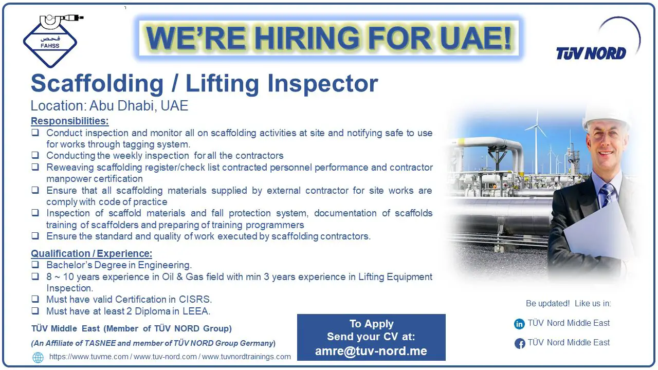 Scaffolding Lifting Inspector Abu Dhabi UAE Gulf Career Hunt